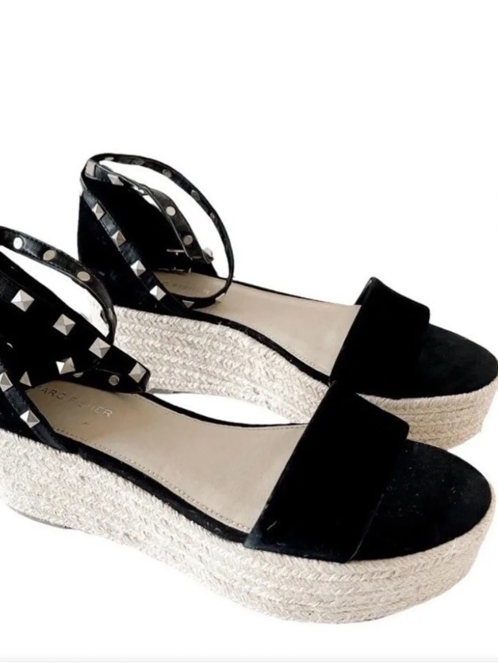 Marc Fisher Jazlyn Women 9.5 Black Suede Sexy Studded Strap Espadrilles